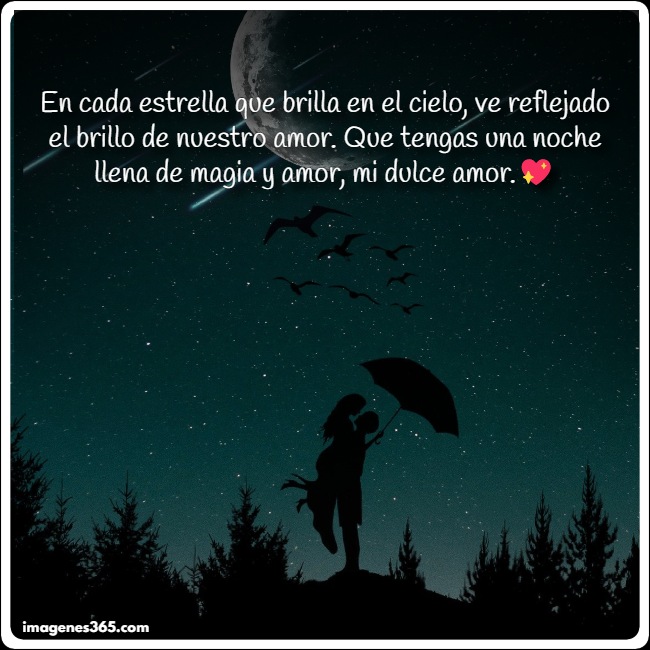 una silueta de dos personas bajo un paraguas bajo un cielo nocturno con romantico frase de buenas noches amor.