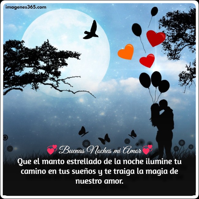 una pareja besándose bajo un árbol con globos y tiernos mensaje de buenas noches para mi amor.