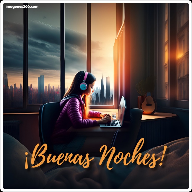 Una mujer sentada frente a su computadora con las palabras buenas noches.