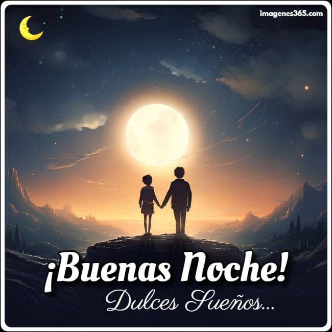 Una pareja parada frente a una luna con las palabras buenas noches dulces sueños.