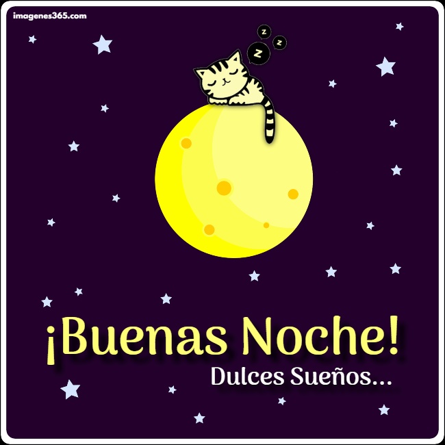 Una imagen de un gato en la luna con las palabras buenas noches dulces sueños.