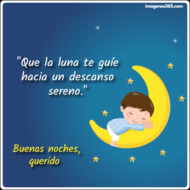 Un bebé durmiendo en la luna con frases de buenas noches.