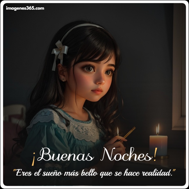 Una niña sostiene una vela con las palabras buenas noches.