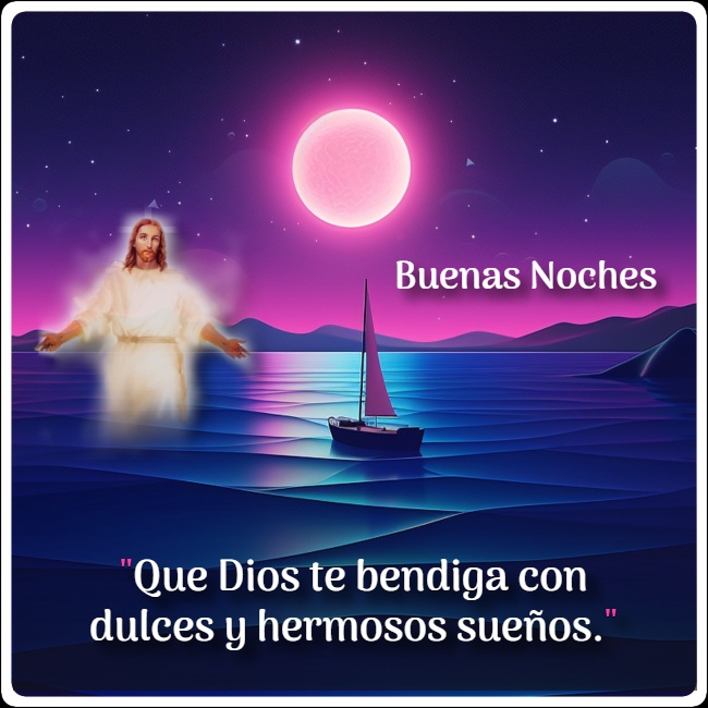 Jesús con un barco de fondo con frase de buenas noches.
