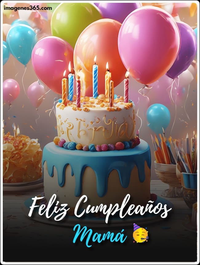 Una tarta de cumpleaños y globos con las palabras Feliz Cumpleaños Mamá.