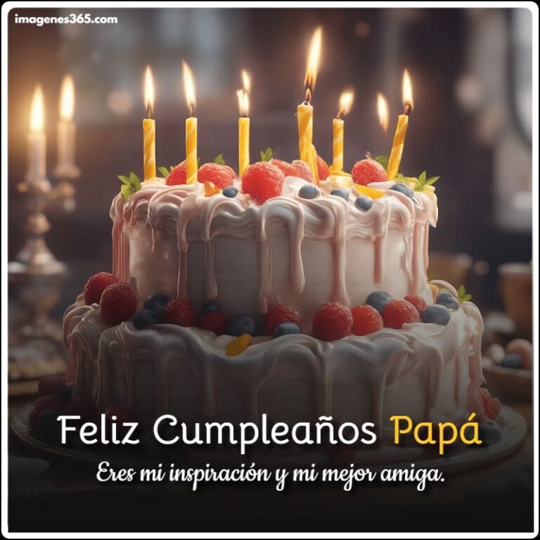Un pastel con velas y frases de Feliz Cumpleaños Papá.