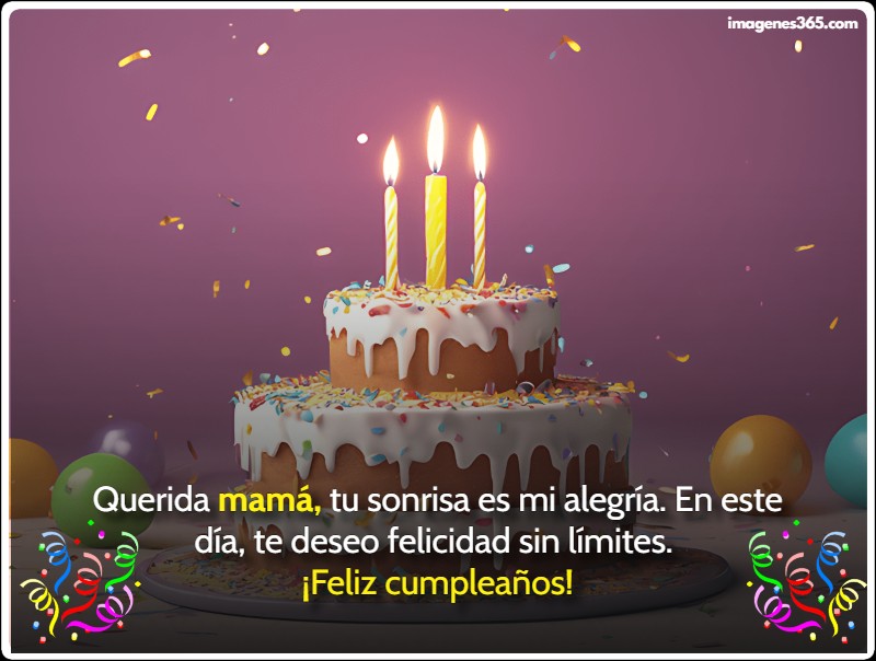 Una tarta de cumpleaños con velas y frases para mama en su cumpleaños.