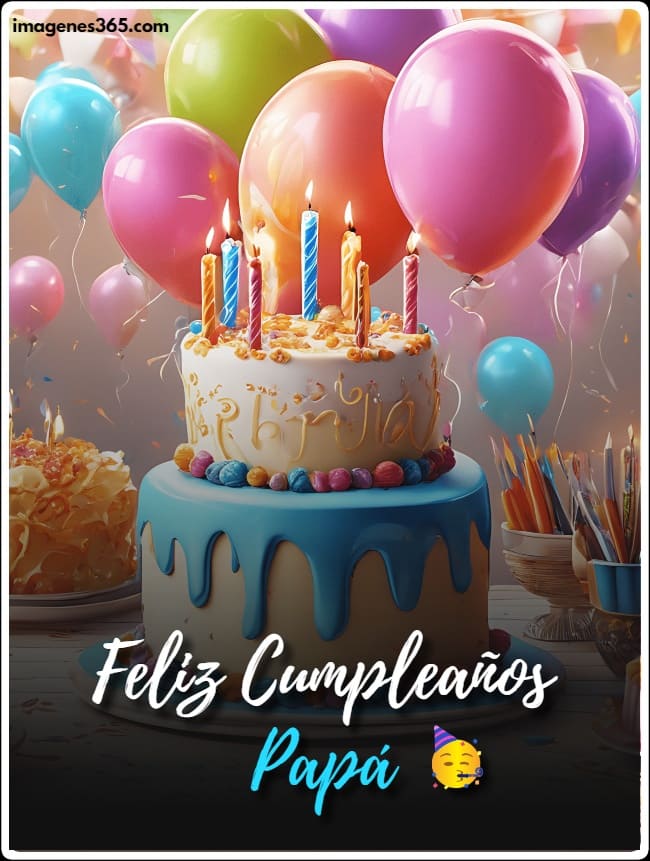 Un pastel con velas y globos con las palabras Feliz Cumpleaños Papá.
