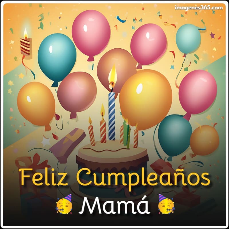 Una tarjeta de cumpleaños con globos y las palabras Feliz Cumpleaños Mamá.