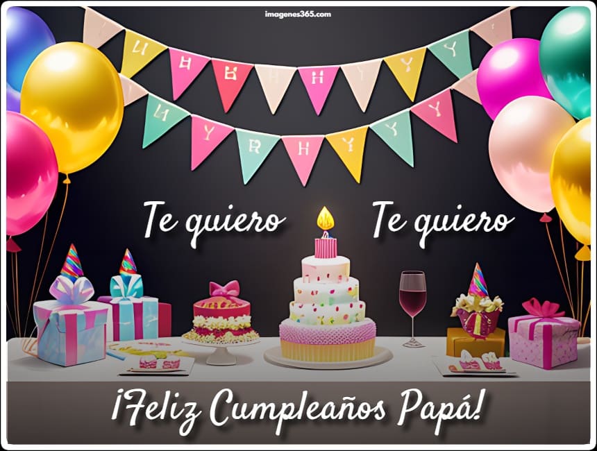 Una mesa de globos y pastel con las palabras feliz cumpleaños papa.