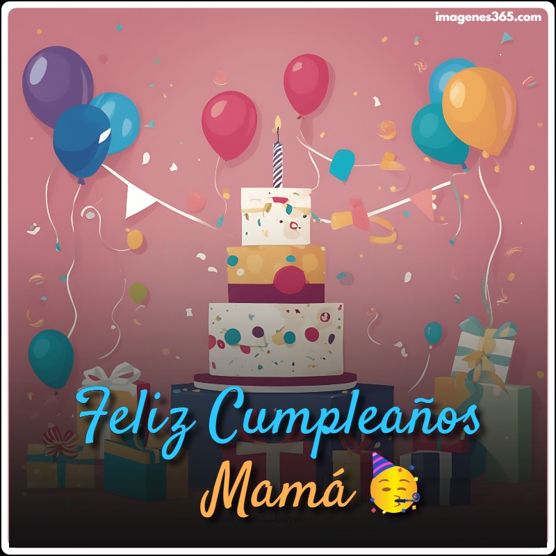 Un pastel de cumpleaños y globos con las palabras feliz cumpleaños mamá.