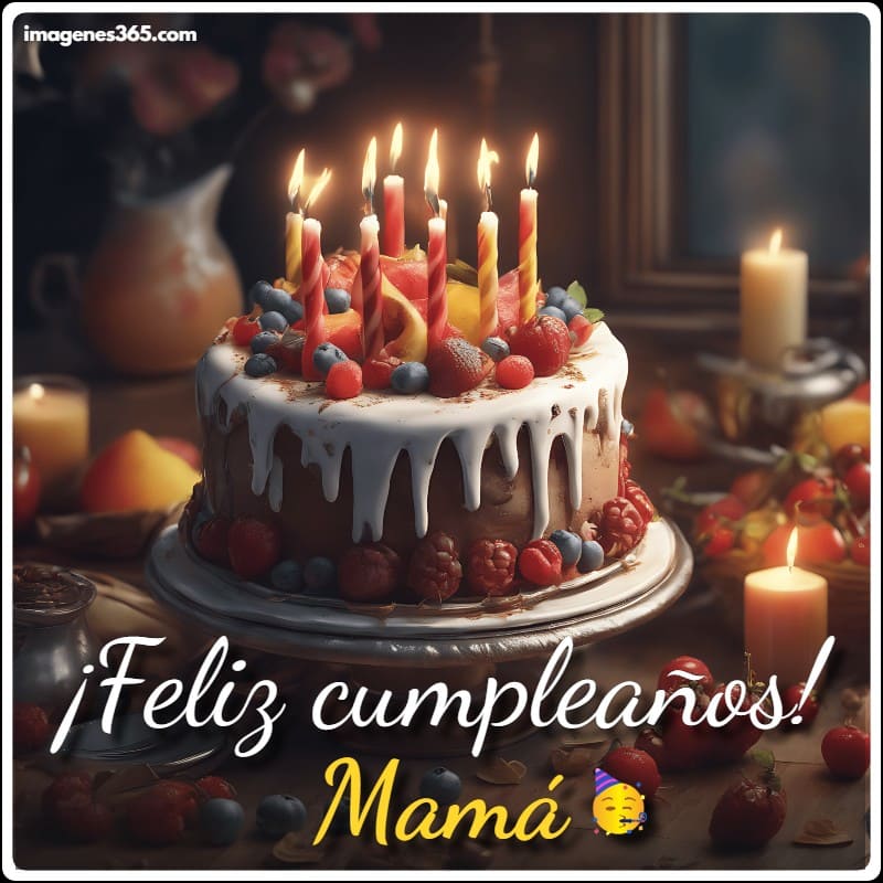 Una tarta de cumpleaños con velas y un mensaje que dice Feliz Cumpleaños Mamá.