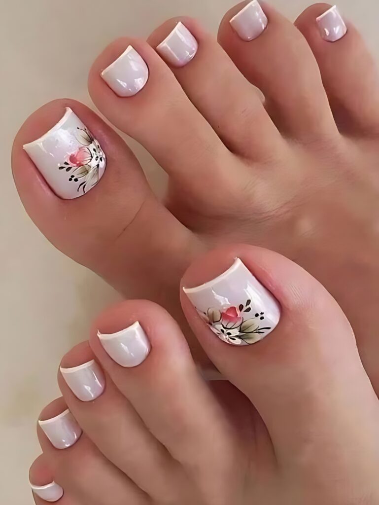 Las uñas de los pies de una mujer con diseños florales